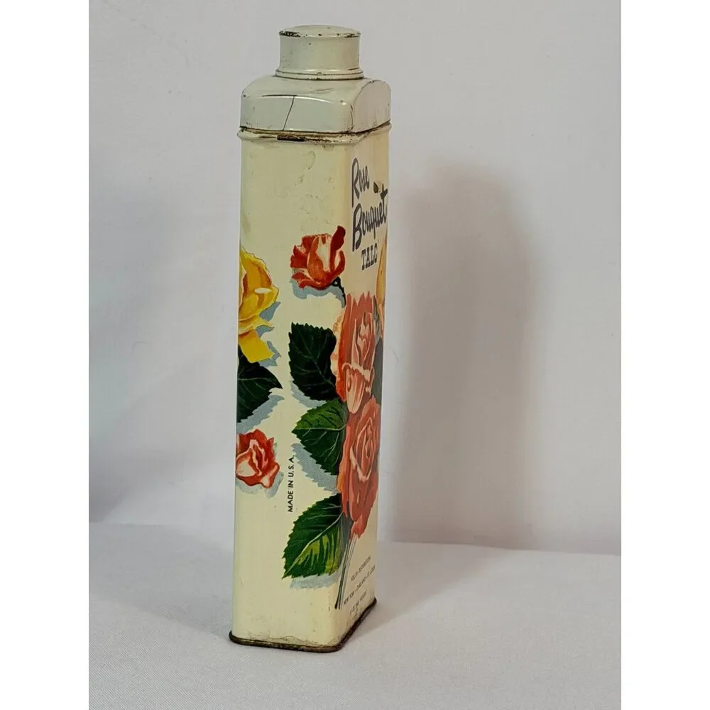 VTG Rose Bouquet Talc Metal Canister with Lid Roses Floral Boudoir 1940s 1950s